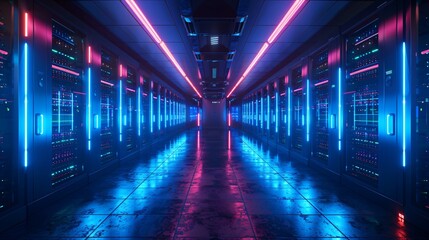Fototapeta premium A long, dark hallway with bright neon blue and pink lights on the walls and floor.