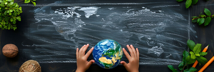 Closeup hands holding earth draw with chalk. World hold in hands, generative ai