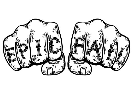 Epic fail words tattoo on fists font engraving PNG illustration. Scratch board style imitation. Black and white hand drawn image.