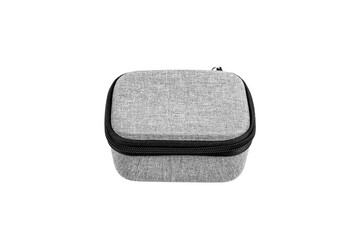 Protective hard case with a zipper and a gray fabric texture. Isolate on a white back