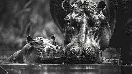Fototapeta na wymiar high contrast portrait, black and white, detailed, hippo in the wild with mother and child -