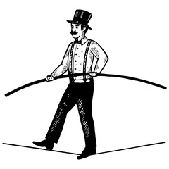 Man circus ropewalker engraving PNG illustration. Scratch board style imitation. Black and white hand drawn image. - obrazy, fototapety, plakaty
