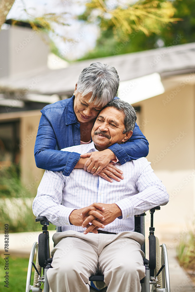 Sticker Couple, happy woman and senior man with wheelchair in backyard for care, love or bonding. Retirement, female pensioner and elderly male person with disability for support, embrace or morning walk