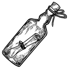 Message in a bottle engraving PNG illustration. Scratch board style imitation. Hand drawn image.