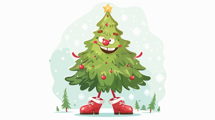 Cute Christmas Tree. Funny comic Character with smiling