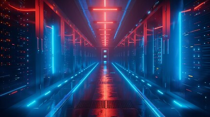 Futuristic sci-fi neon glowing server room - obrazy, fototapety, plakaty