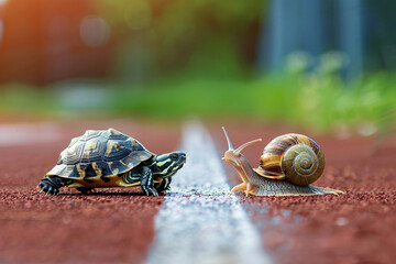 Fototapeta premium speed competition concept, cute turtle and snail on the stadium