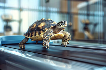 Naklejka premium sports and training concept, turtle running on treadmill in the gym