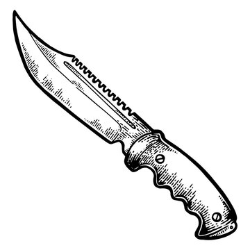 recommend clip art: Hunting knife blade engraving PNG illustration. Scratch board style imitation. Black and white hand drawn image.