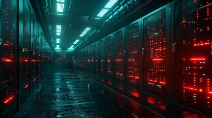 Server room with red and green lights
