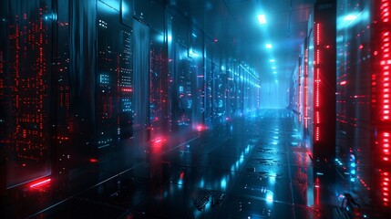 Fototapeta premium Server room with red and blue lights