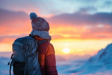 Traveler gazing at the sunset in a snowy landscape, embodying the essence of winter wonder.