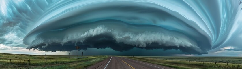 Ominous supercell over prairie road, stark landscape, impending storm