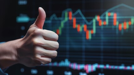 Positive feedback concept, thumb up with a rising crypto market graph backdrop, focusing on the gesture of approval - obrazy, fototapety, plakaty
