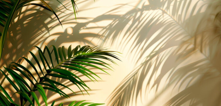 Bright space with sunlight shining through green palm leaves, casting shadow patterns on the wall. Leaves illuminated with warm glow, great background or stand-alone image.