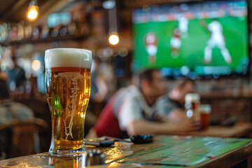 glasses of beer in sports pub, people watching football on the background - obrazy, fototapety, plakaty