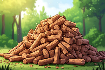 Pile of pressed wooden pellets in forest. Biofuel and pet litter illustration