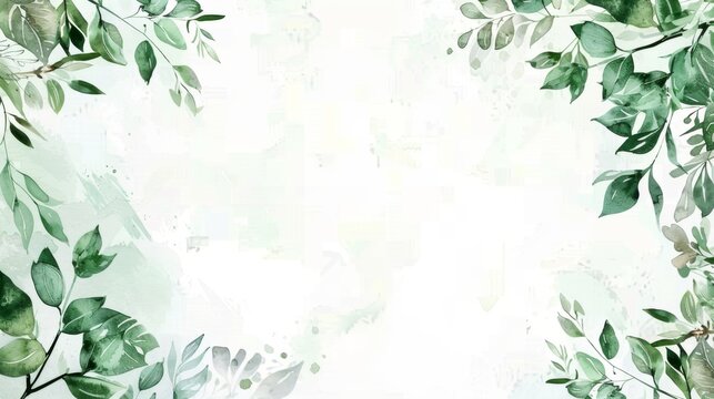 Delicate Foliage and Flowers Watercolor Frame Border With White Background.