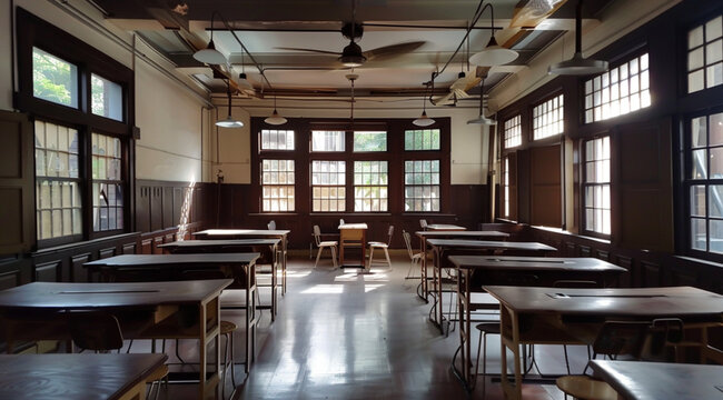 empty classroom with 3 dark wood large desks in a horizontal row viewed from the front. There are windows and the warm morning light is shining in.
