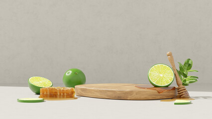 3D background display stand with limes and honeycomb are on logs for product presentation - obrazy, fototapety, plakaty