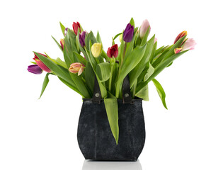 bouquet tulips in shopping bag