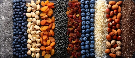 A Symphony of Healthy Snacks: Nuts and Dried Fruits Arranged in Harmony. Concept Healthy Recipes, Snack Ideas, Nuts and Fruits, Balanced Eating, Food Presentation - obrazy, fototapety, plakaty