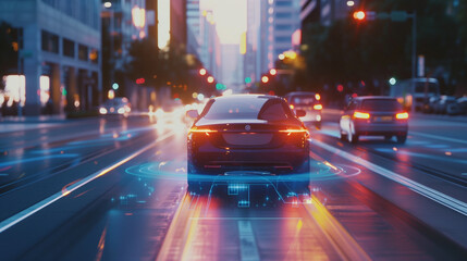 A car is driving down a city street with a bright neon sign in the background. The car is surrounded by a digital effect, giving it a futuristic appearance. Concept of speed and excitement