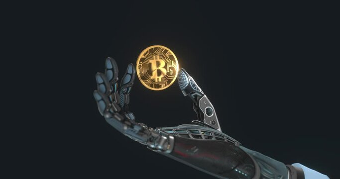Robot arm holding bitcoin with fingers, artificial intelligence as a blockchain concept, crypto currency design