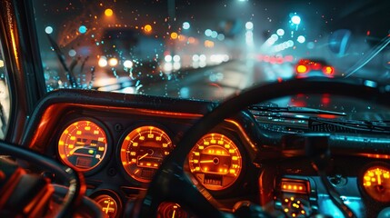 Dashboard of a long-haul truck at night, close view, illuminated gauges, the life of a trucker  - obrazy, fototapety, plakaty