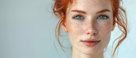 a portrait of a young beautiful ginger woman, with empty copy space, skin looking and facing to camera  © Uwe