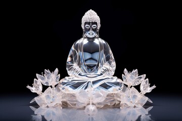 a black background, a crystal glass sculpture of a seated Buddha statue serves as a profound symbol...