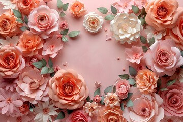 A heart made of paper flowers on a pink background