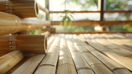 Eco-friendly building materials, wood and bamboo, close-up, natural light, sustainable construction 