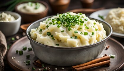 Mashed potatoes with green onion and spices.
 - obrazy, fototapety, plakaty