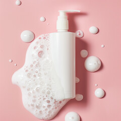 spray bottle on pink background with foam