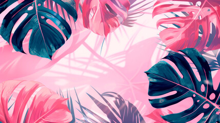 Artistic painting of pink and blue tropical leaves on a pink background, perfect inspiration for textile design, plant themed outerwear, or eyelash dress.