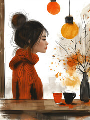 Drawing of a girl in an orange knitted sweater sitting by the window drinking coffee at a table.