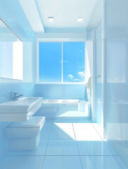 Modern bathroom with bath in blue tones. Layout.