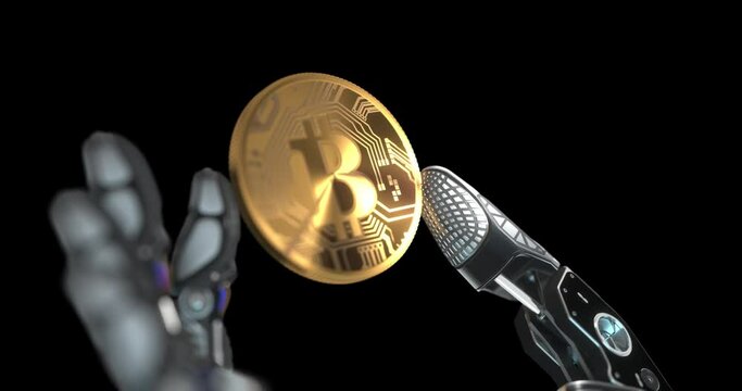 Robot arm holding bitcoin with fingers, artificial intelligence as a blockchain concept, crypto currency design, transparent background
