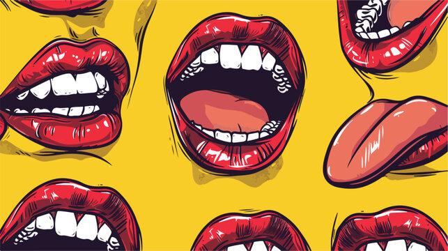 Female mouths. Teeth tongue. Red lips. Four mimic emotional