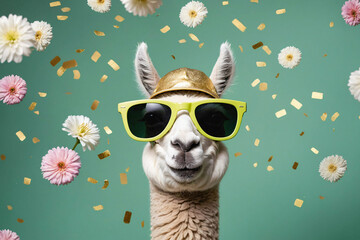 Fototapeta premium Cute smiling alpaca wearing funny hat and retro sunglasses on pastel green background, copy space. Happy Birthday, spring season