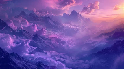  The sky is a beautiful shade of purple with clouds floating above. The mountains in the background are covered in fog, creating a serene and peaceful atmosphere © Space_Background