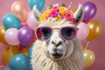 Fototapeta premium Cute smiling alpaca wearing birthday hat and funny sunglasses with balloons in the background. Happy Birthday party