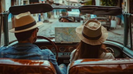 Couple in a vintage car traveling through a historic town, map spread on the dashboard