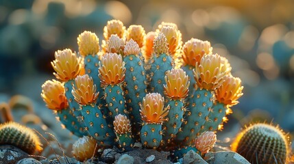 A cluster of cacti clinging to life in the arid landscape, their spines glinting in the sunlightillustration