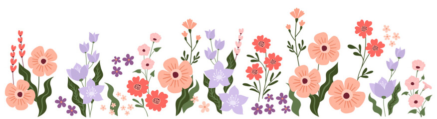 Horizontal background with beautiful colorful flowers and leaves. Spring botanical flat vector illustration on white background for banners, flyers, invitations, posters