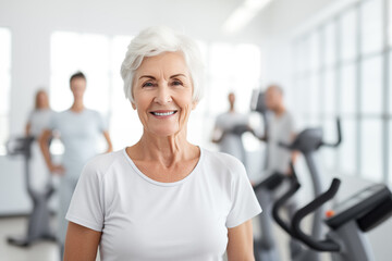 Obraz premium A woman is smiling and posing for a picture in a gym. She is wearing a white shirt