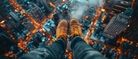 Urban Heights: Dangling Shoes Above Dusk-Lit Streets. Concept Cityscapes, Urban Photography, Shoe Photography, Street Scenes, Twilight Atmosphere - obrazy, fototapety, plakaty