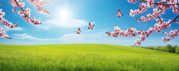 pink flowers with blue sky in background, butterflies, summer vibes, spring 