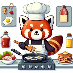 red panda preparing breakfast
